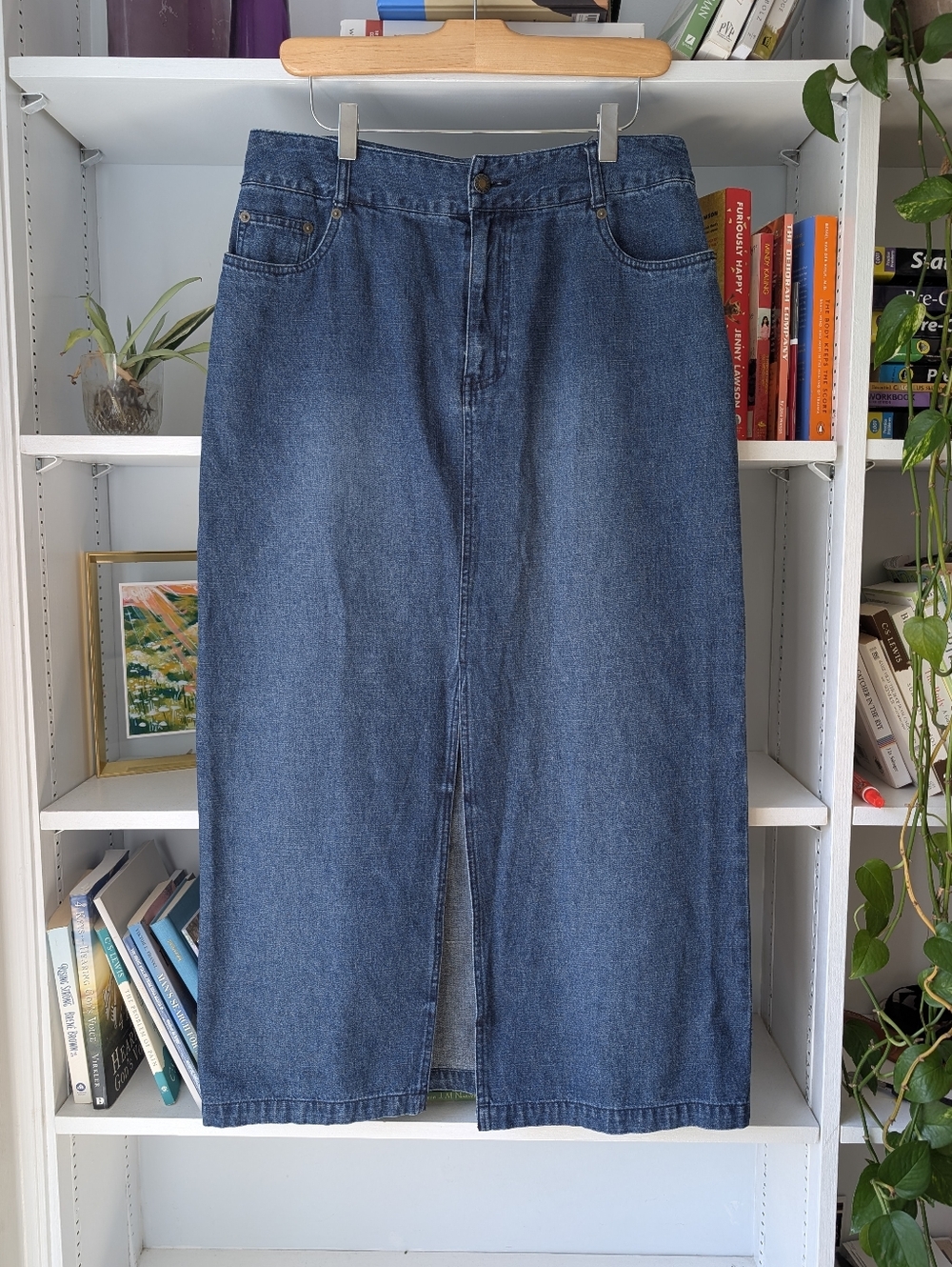 High-Waist Denim Midi Skirt Front Slit Blue Size 12 / Large Western Coastal